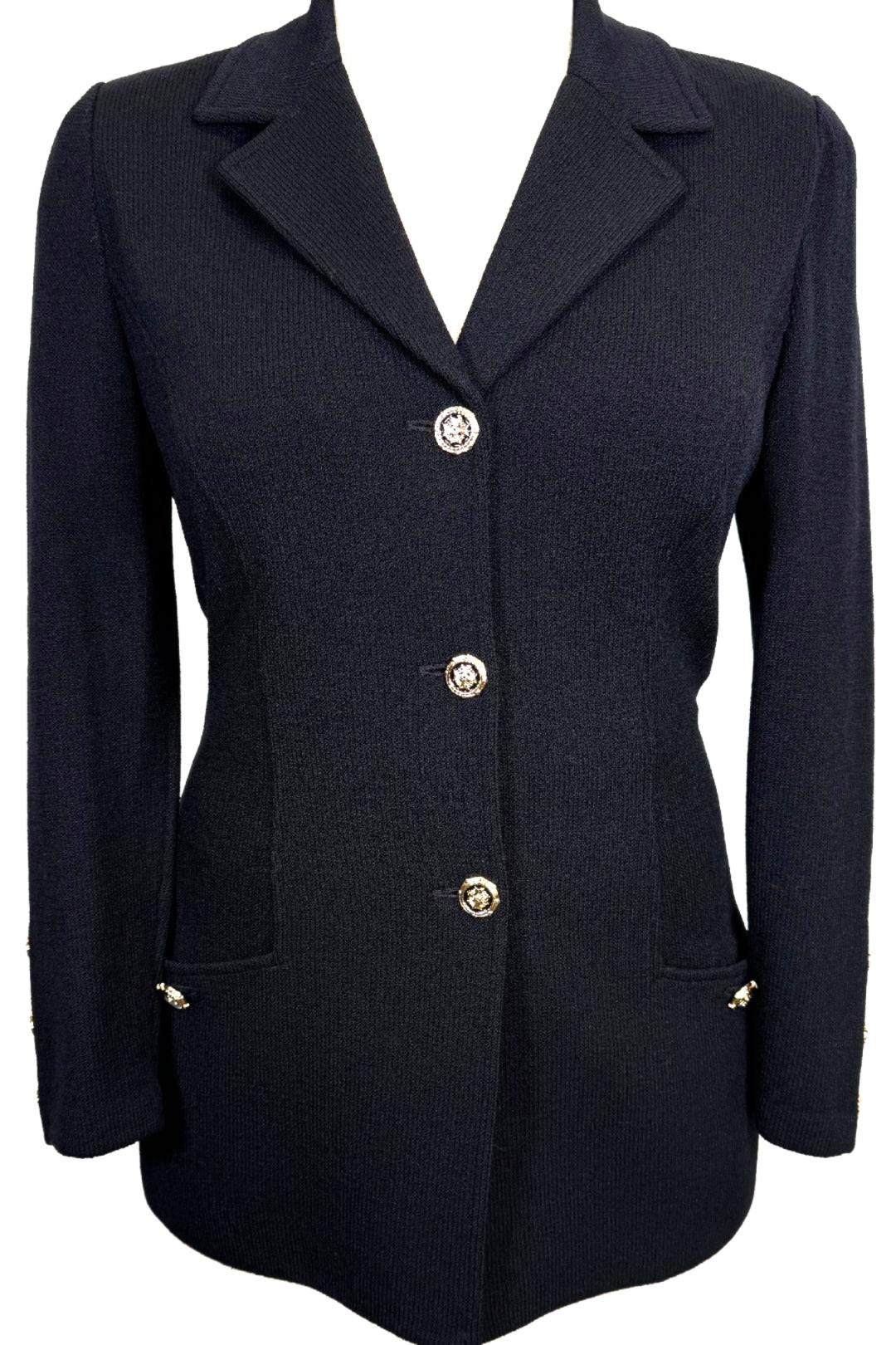 St. John Long Black Santana Knit Jacket – Gold Accent Buttons & Notched Lapel – Size 12