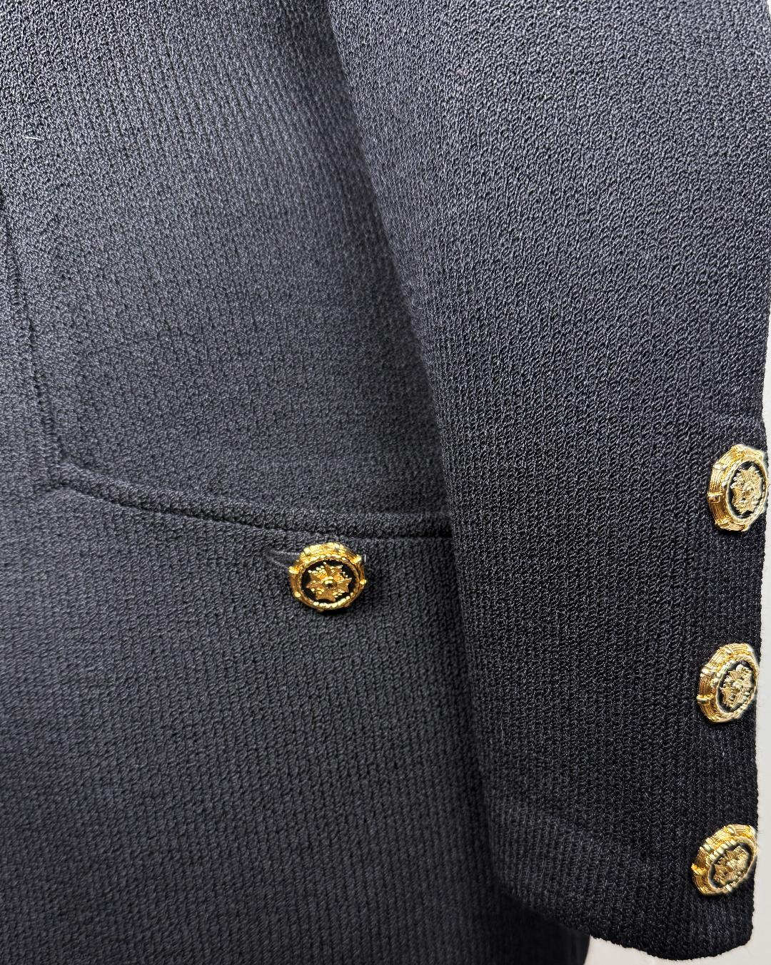 St. John Long Black Santana Knit Jacket – Gold Accent Buttons & Notched Lapel – Size 12