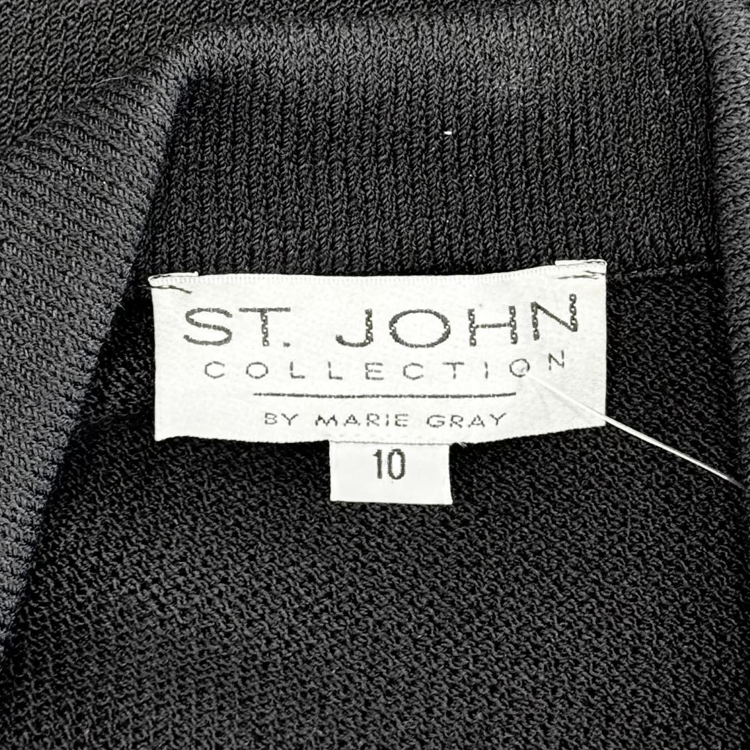 St. John Long Black Santana Knit Jacket – Gold Accent Buttons & Notched Lapel – Size 12