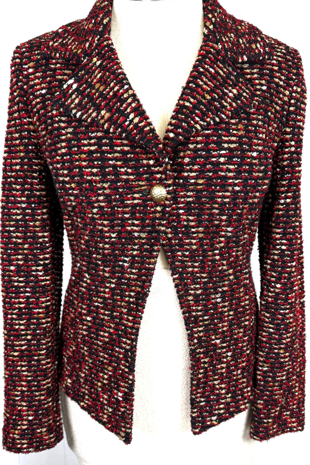 St. John Black Red & Gold Textured Wool Knit Jacket – Asymmetrical Hem & Gold Button – Size 6