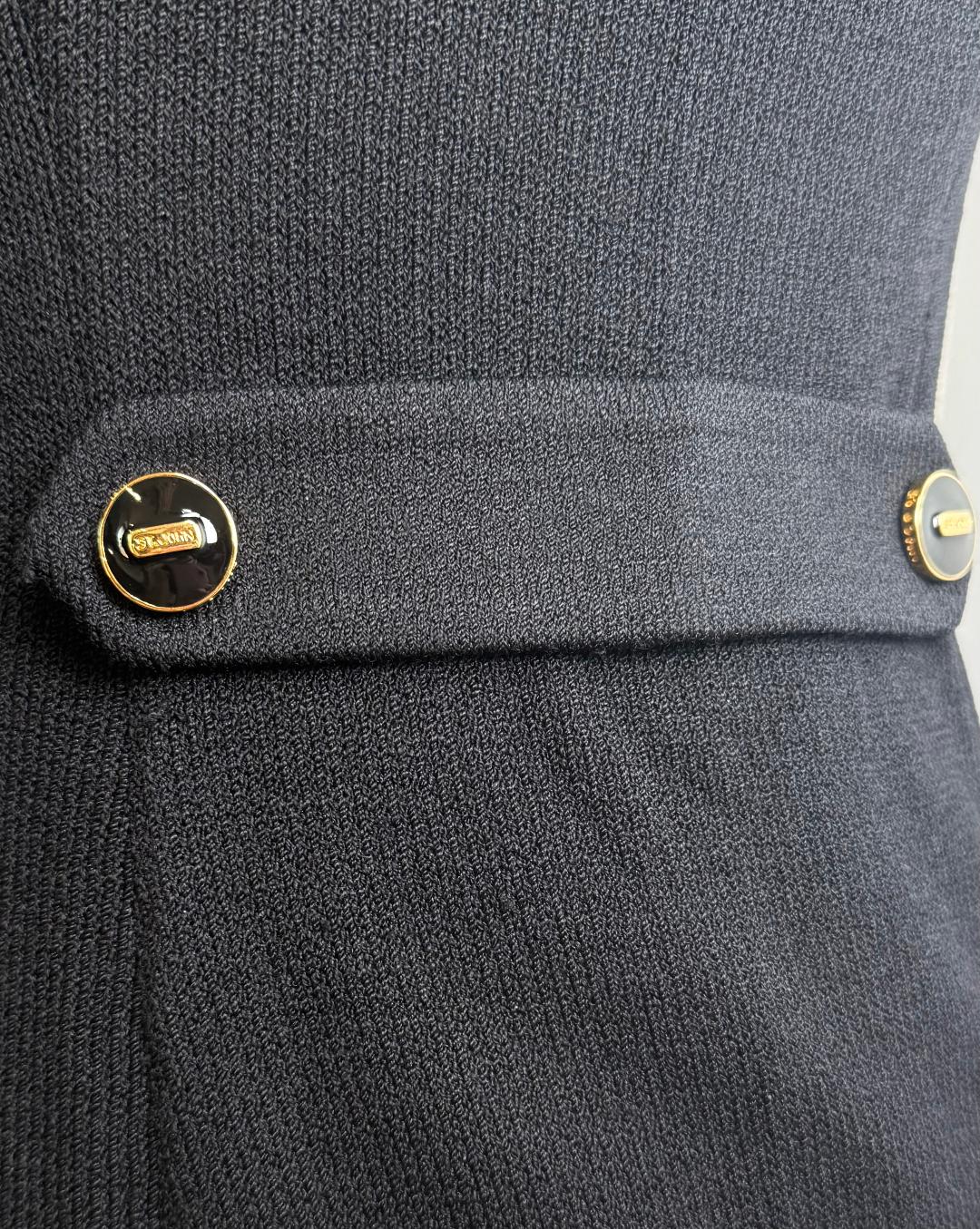 St. John Black Santana Knit Jacket – Gold Trim & Belt Detail – Size 8