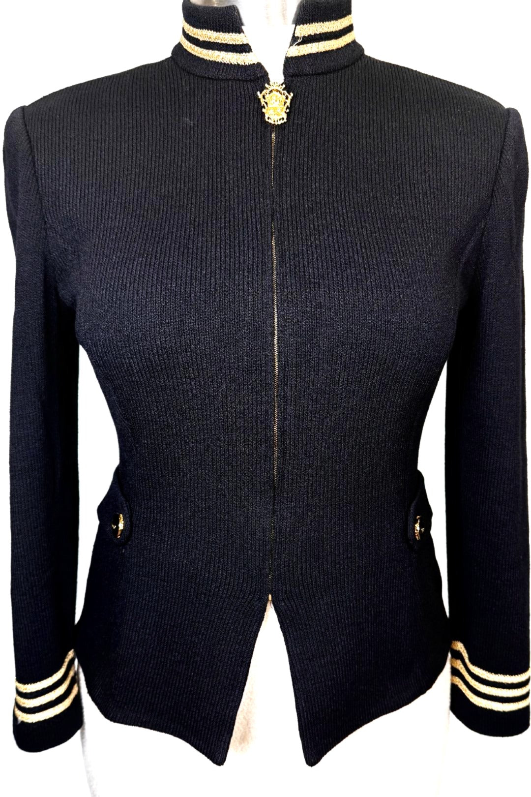 St. John Black Santana Knit Jacket – Gold Trim & Belt Detail – Size 8