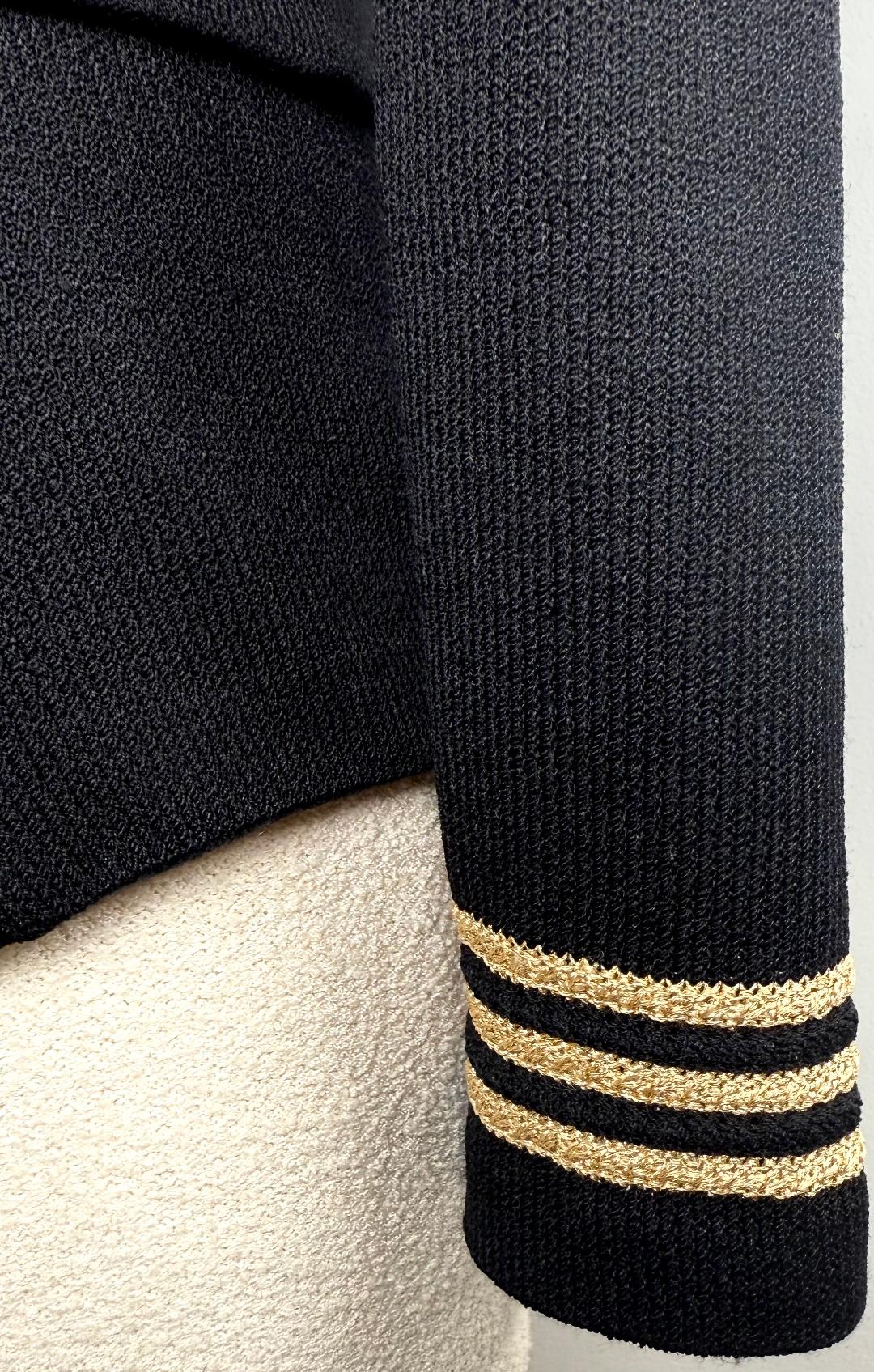St. John Black Santana Knit Jacket – Gold Trim & Belt Detail – Size 8