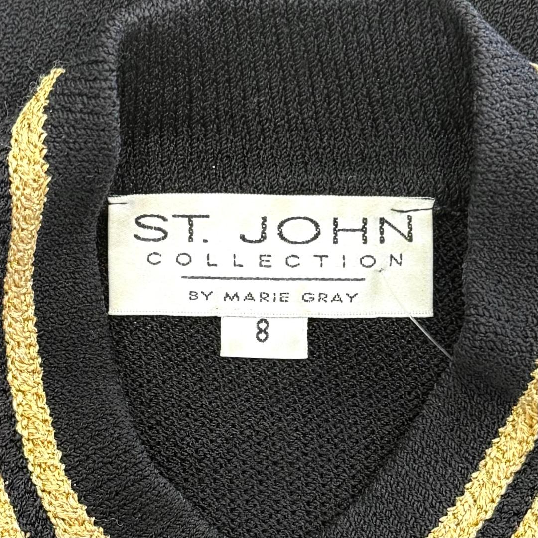 St. John Black Santana Knit Jacket – Gold Trim & Belt Detail – Size 8