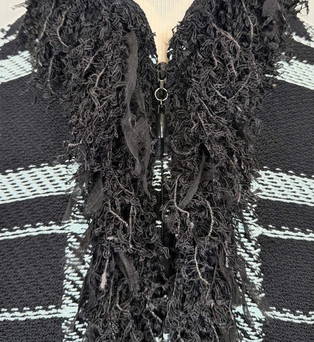 St. John Black & Blue Santana Knit Jacket – Fringe Trim & Front Zipper – Size 6