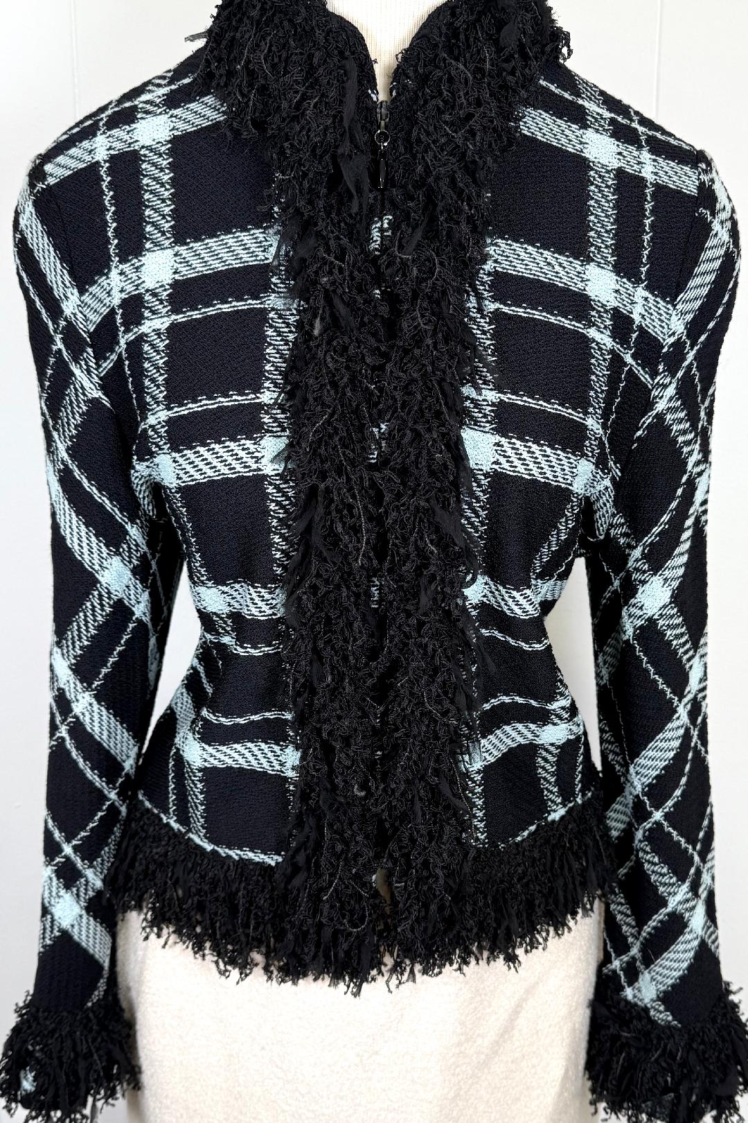 St. John Black & Blue Santana Knit Jacket – Fringe Trim & Front Zipper – Size 6