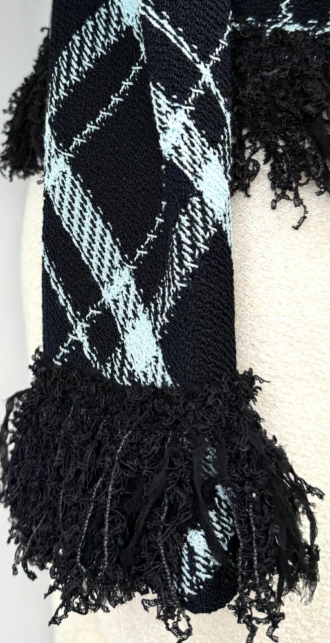 St. John Black & Blue Santana Knit Jacket – Fringe Trim & Front Zipper – Size 6