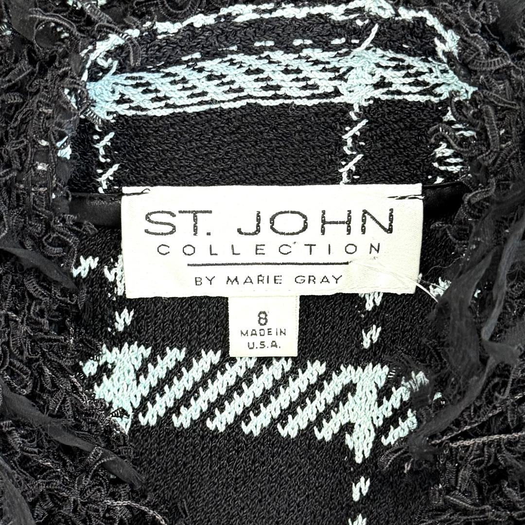St. John Black & Blue Santana Knit Jacket – Fringe Trim & Front Zipper – Size 6