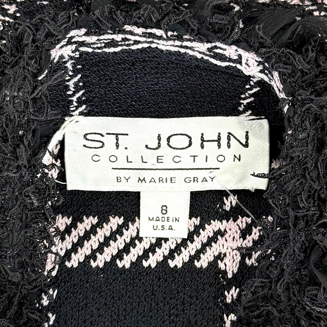St. John Black & Pink Textured Plaid Knit Jacket – Fringe Trim & Front Zipper – Size 6