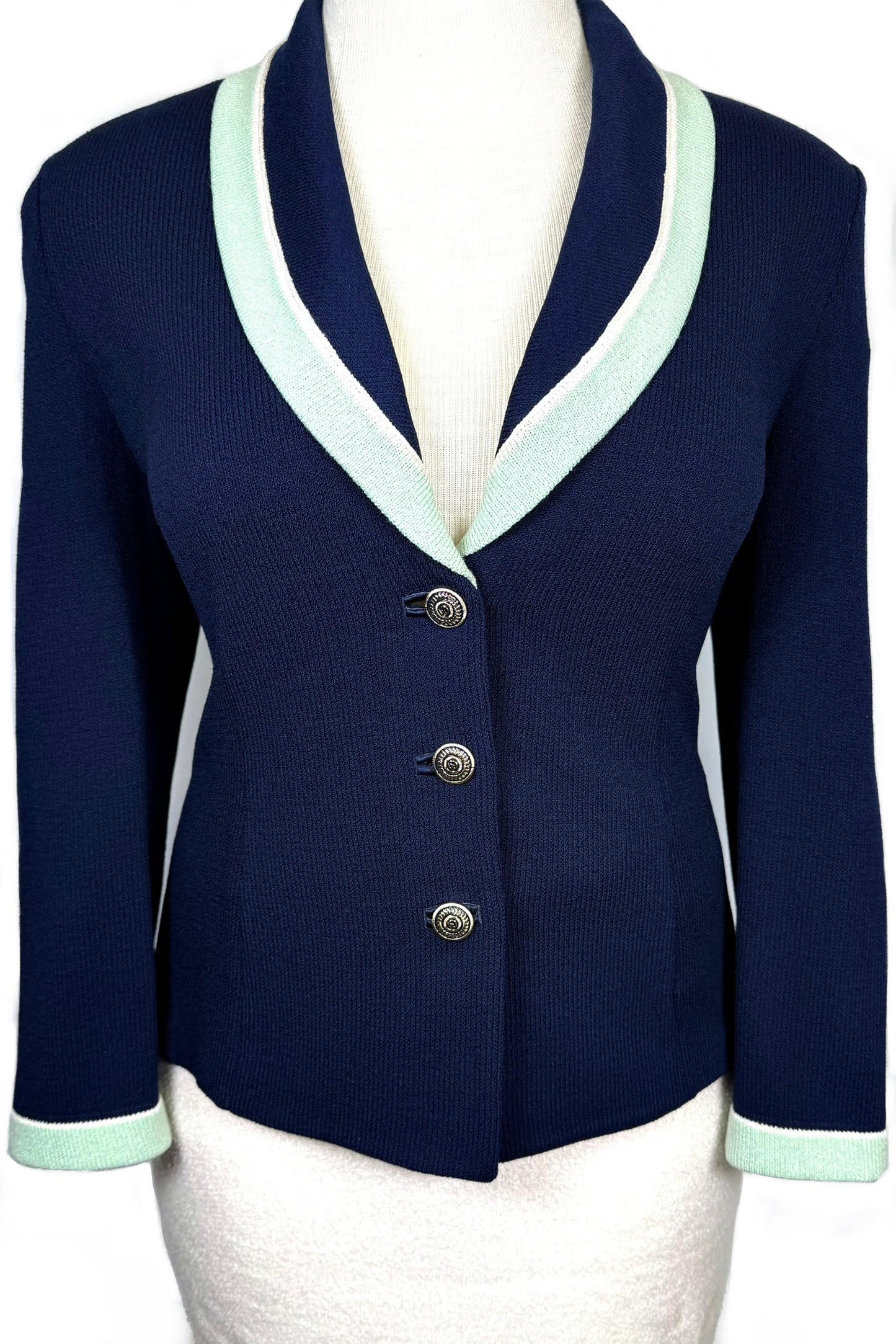St. John Navy Santana Knit Jacket – Mint & White Trim – Logo Buttons – Size 10