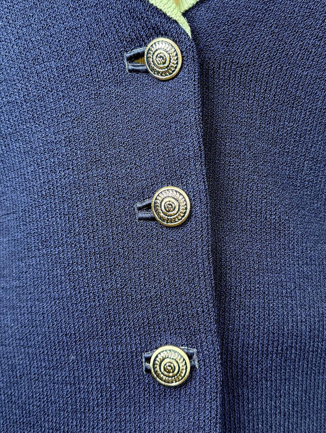 Classic St.John knit jacket in navy with white green trim logo buttons size 10