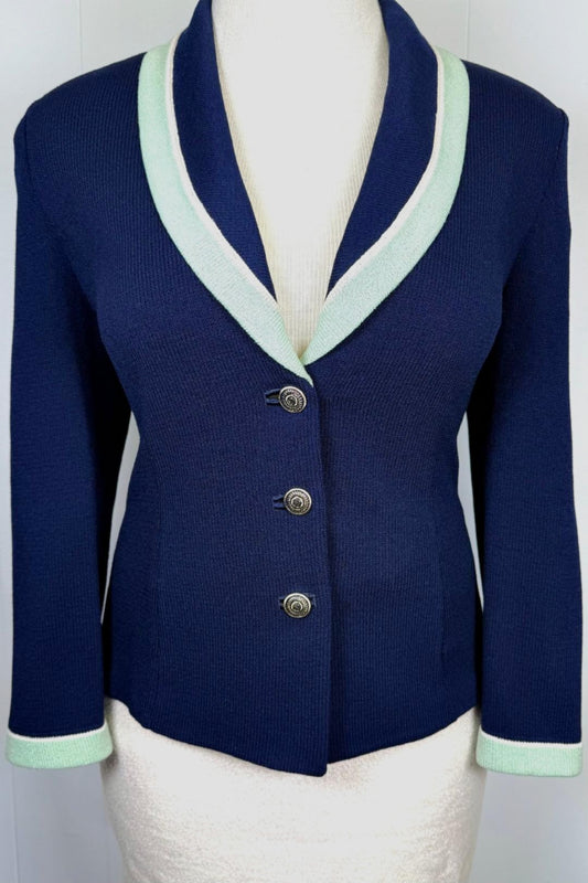 Classic St.John knit jacket in navy with white green trim logo buttons size 10