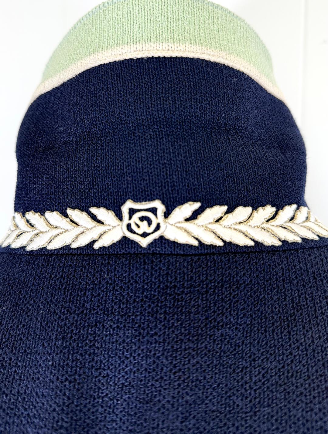 Classic St.John knit jacket in navy with white green trim logo buttons size 10