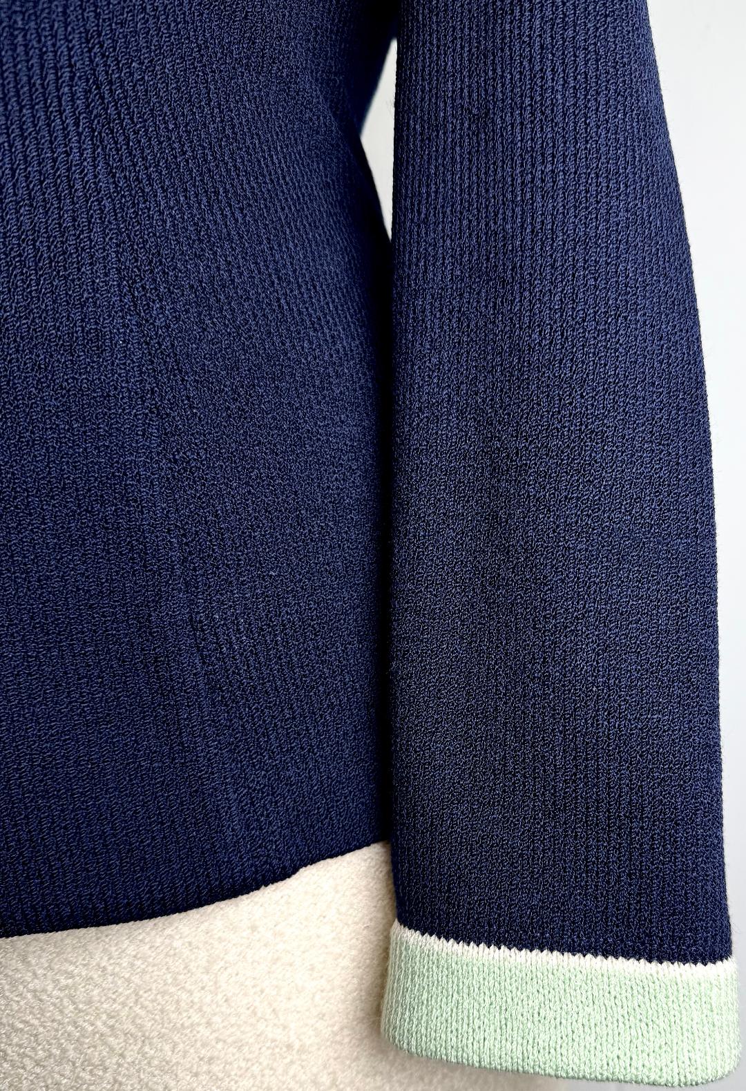 Classic St.John knit jacket in navy with white green trim logo buttons size 10