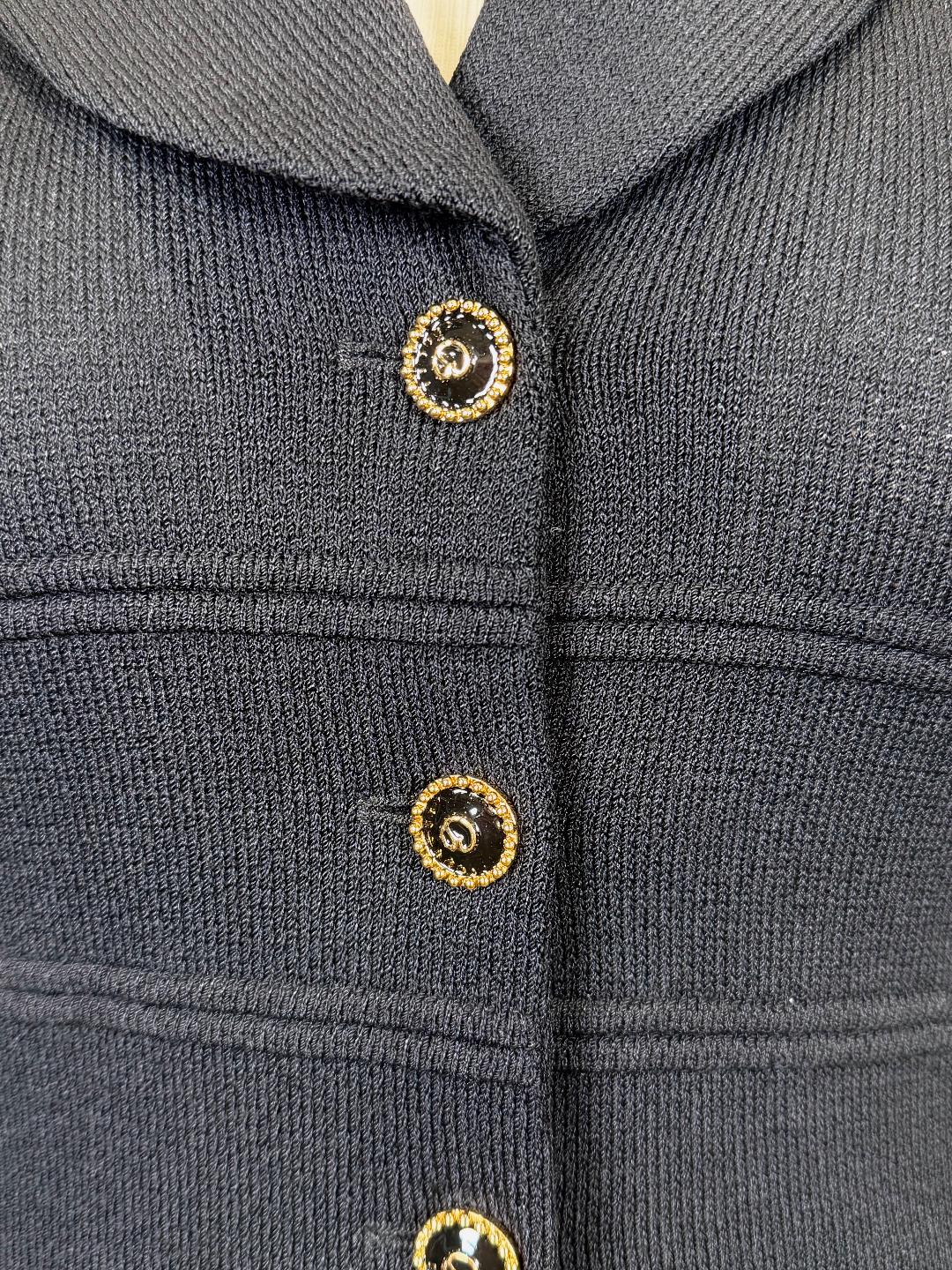 St. John Black Santana Knit Jacket – Shawl Collar & Gold Logo Buttons – Size 10