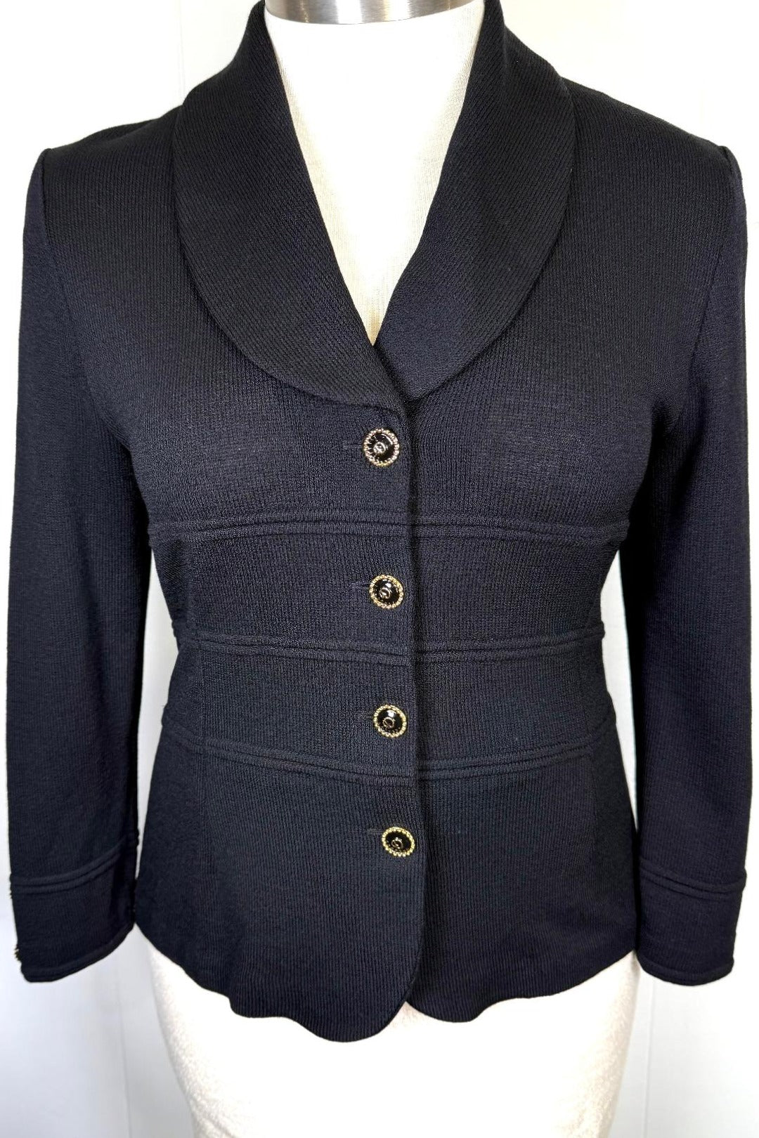 St. John Black Santana Knit Jacket – Shawl Collar & Gold Logo Buttons – Size 10