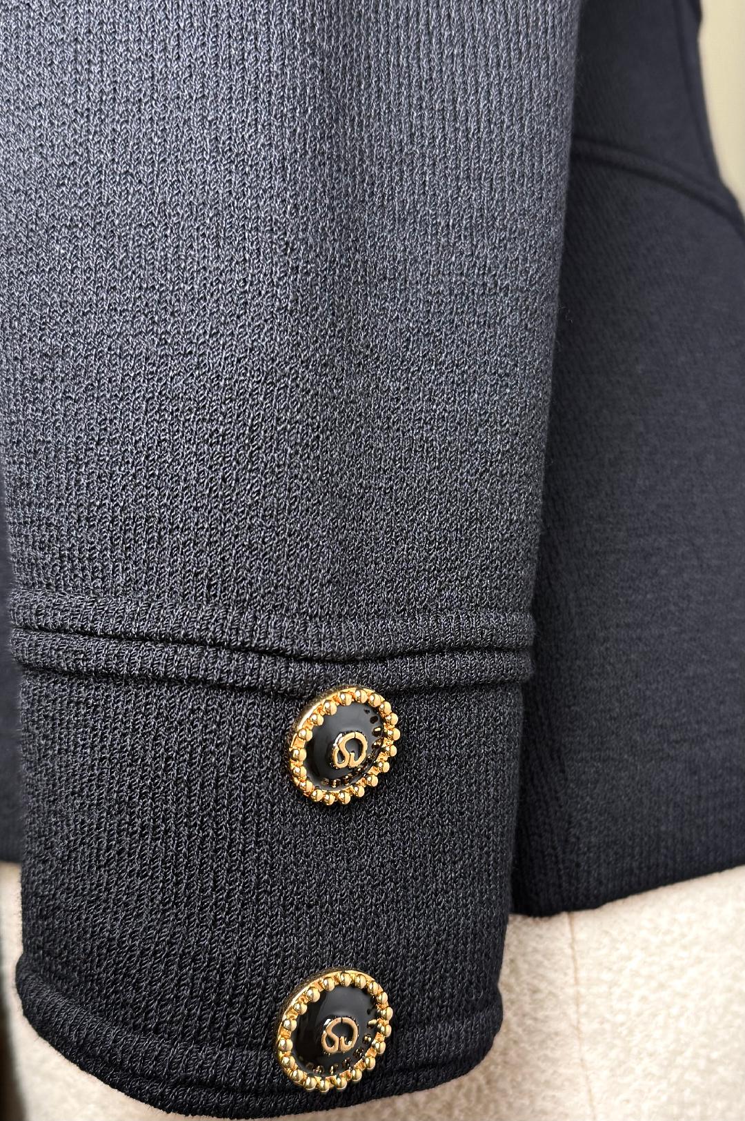 St. John Black Santana Knit Jacket – Shawl Collar & Gold Logo Buttons – Size 10