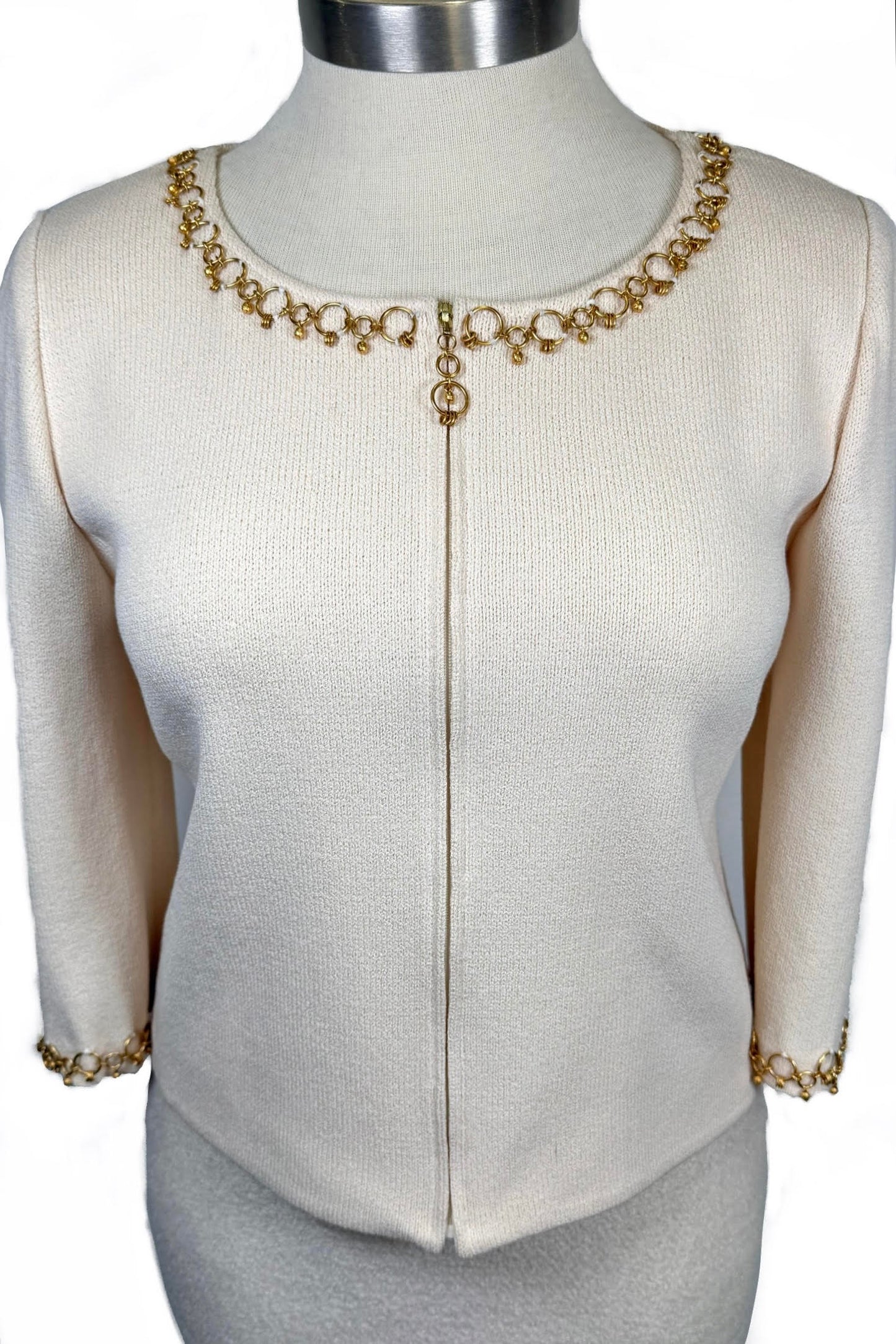 St. John Off-White Santana Knit Jacket – Gold Chain Trim & Front Zipper – Size 10
