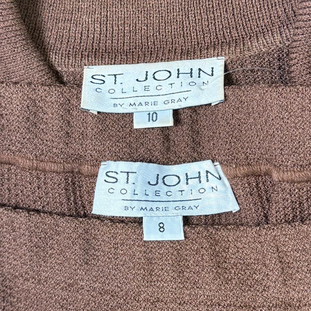 St. John Brown Textured Santana Knit 2-Piece Suit – Short Sleeve Jacket & Long Skirt – Size 10