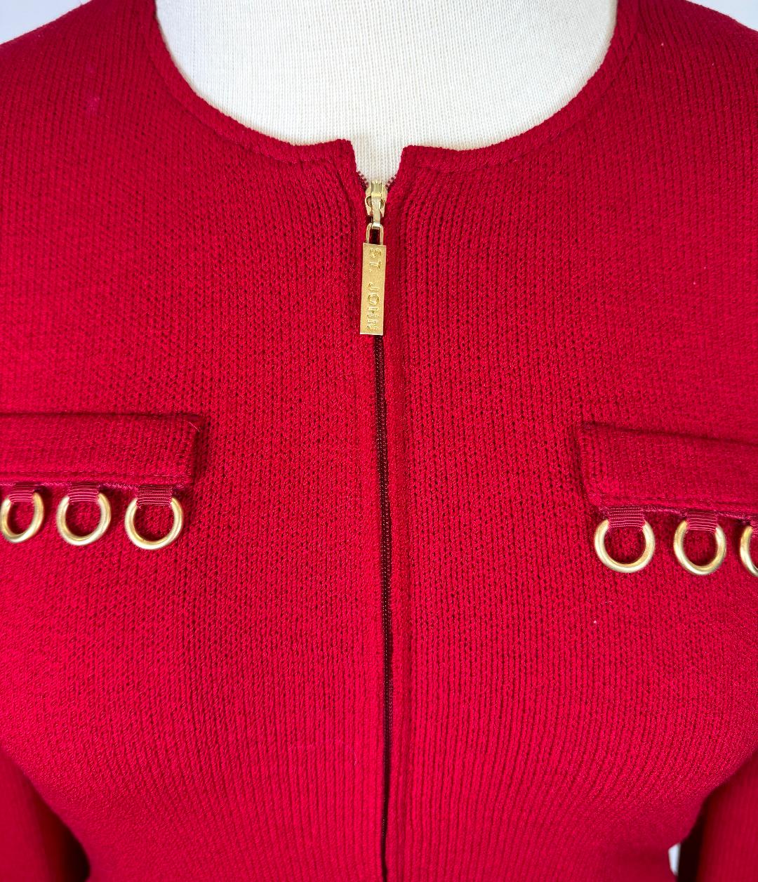 St. John Dark Red Santana Knit Jacket – Gold Logo Zipper & Circle Trim Detail – Size 8