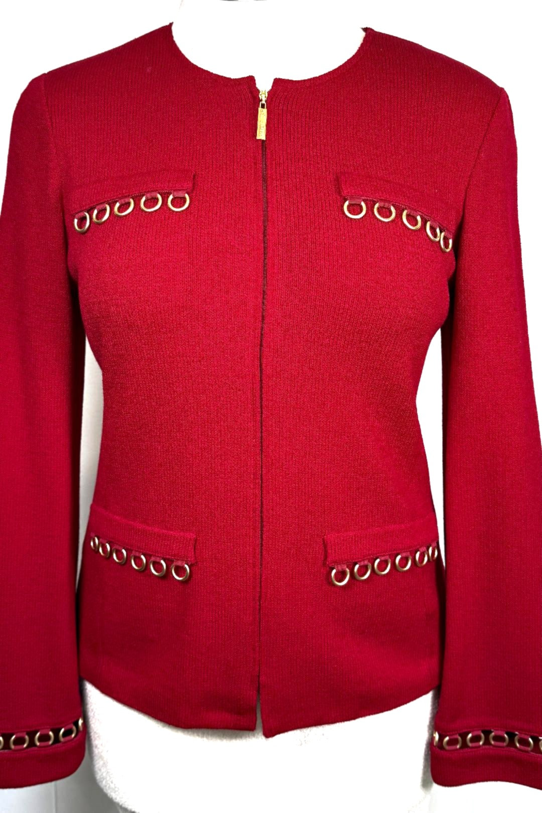 St. John Dark Red Santana Knit Jacket – Gold Logo Zipper & Circle Trim Detail – Size 8