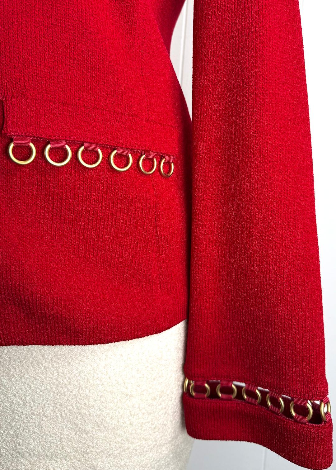 St. John Dark Red Santana Knit Jacket – Gold Logo Zipper & Circle Trim Detail – Size 8