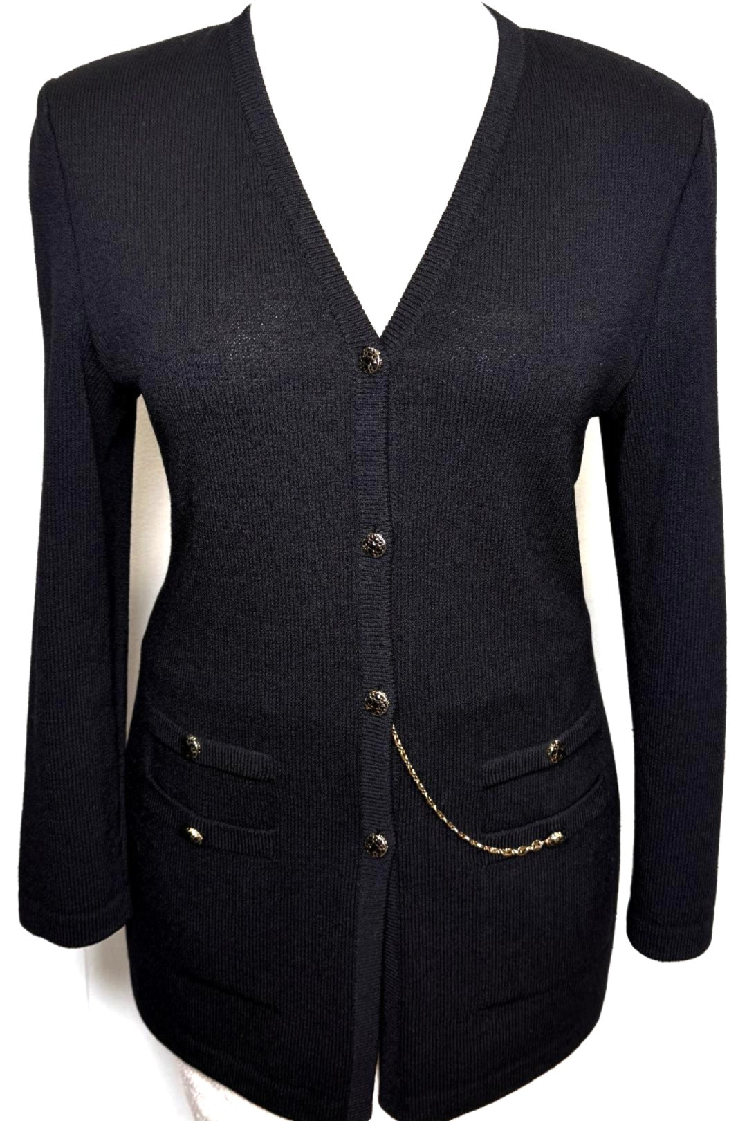 St. John Long Black Santana Knit Jacket – Gold Chain Detail & Logo Buttons – Size 10