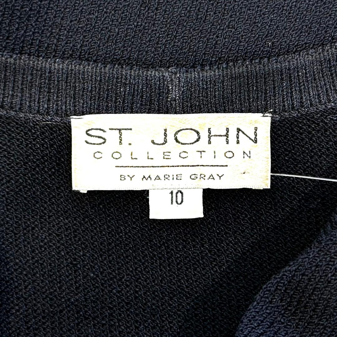 St. John Long Black Santana Knit Jacket – Gold Chain Detail & Logo Buttons – Size 10