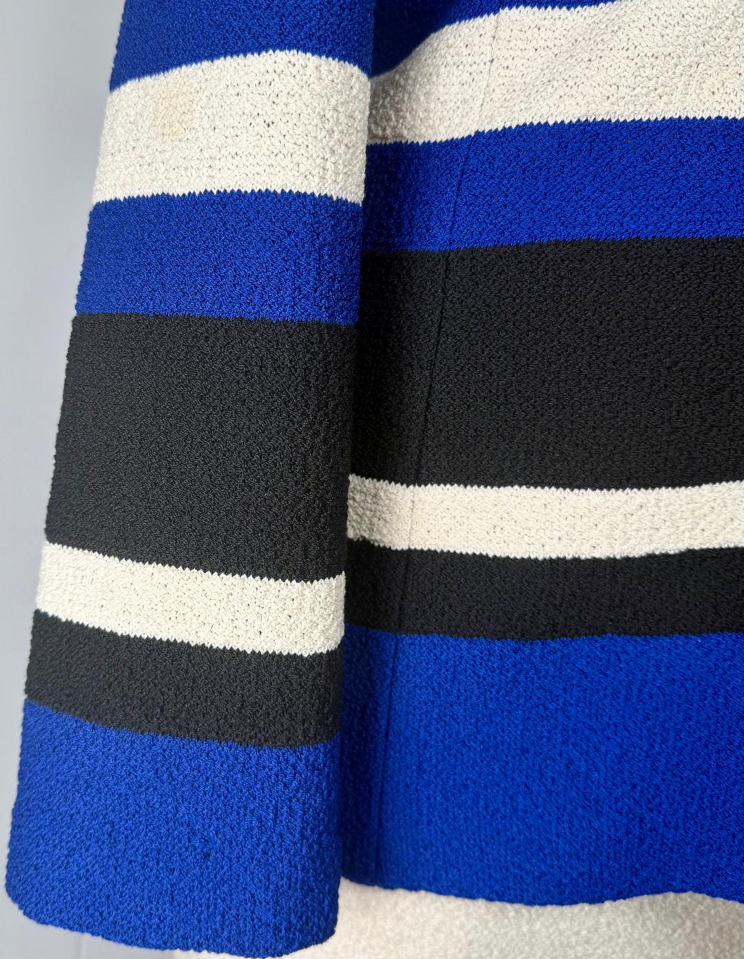 St. John Black, White & Royal Blue Textured Knit Jacket – Notched Lapel & Logo Buttons – Size 10