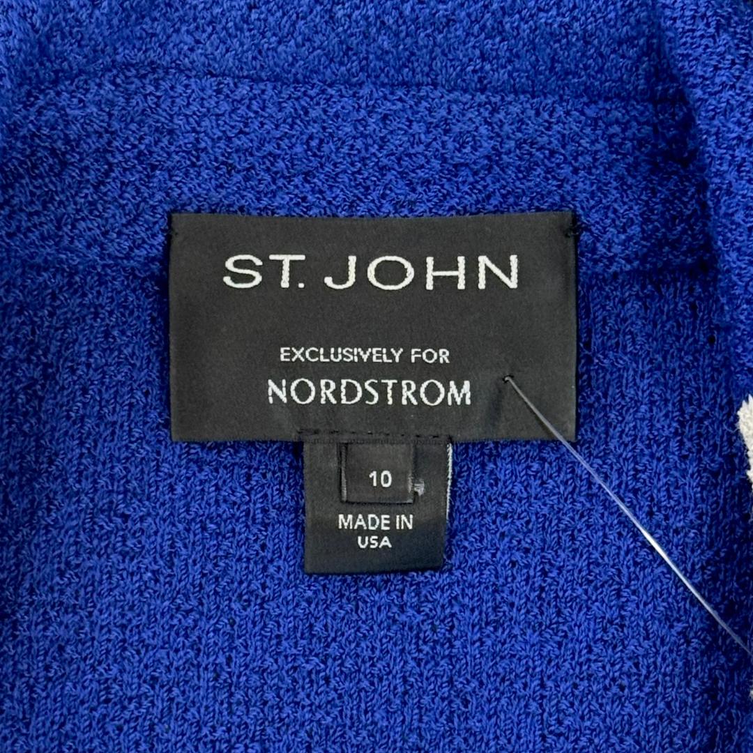 St. John Black, White & Royal Blue Textured Knit Jacket – Notched Lapel & Logo Buttons – Size 10