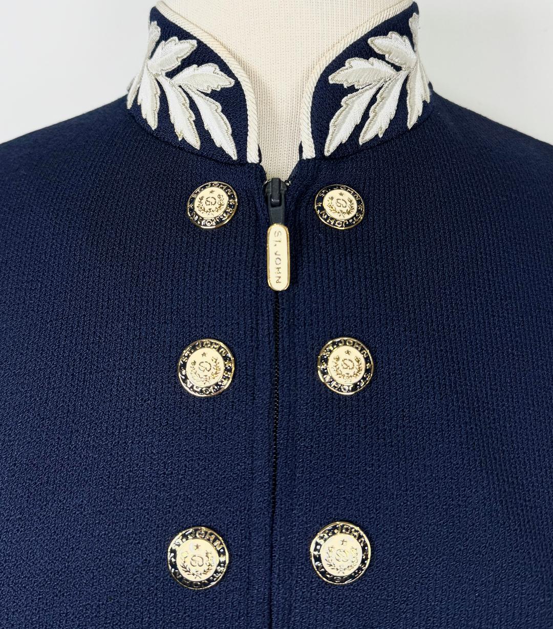 St. John Navy Santana Knit Jacket – Embroidered Collar & Gold Buttons – Size S/6/8