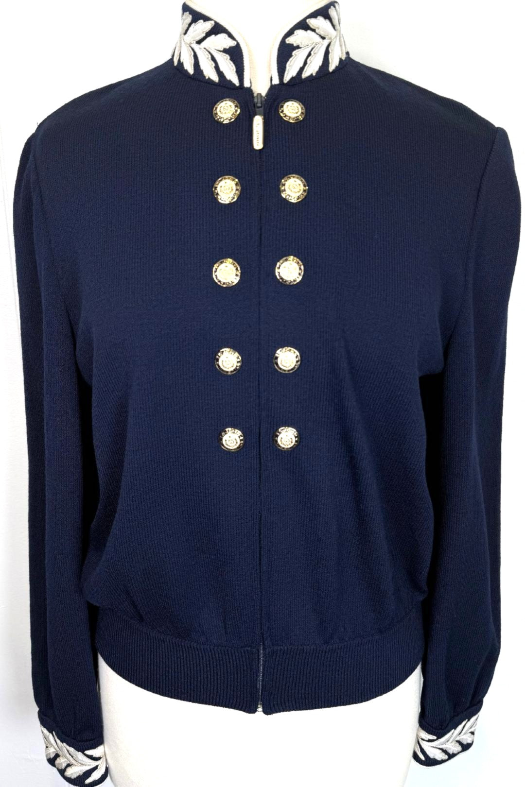 St. John Navy Santana Knit Jacket – Embroidered Collar & Gold Buttons – Size S/6/8