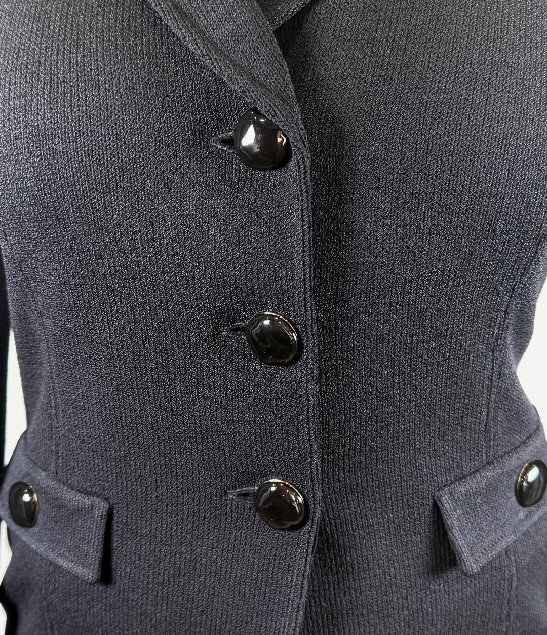 St. John Black Santana Knit Jacket – Notched Lapel & Logo Buttons – Size 6