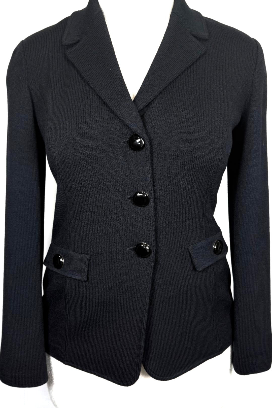 St. John Black Santana Knit Jacket – Notched Lapel & Logo Buttons – Size 6