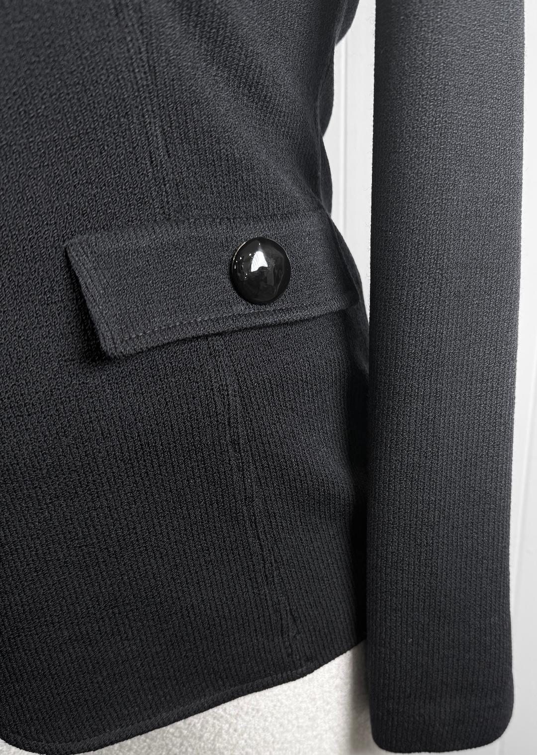 St. John Black Santana Knit Jacket – Notched Lapel & Logo Buttons – Size 6