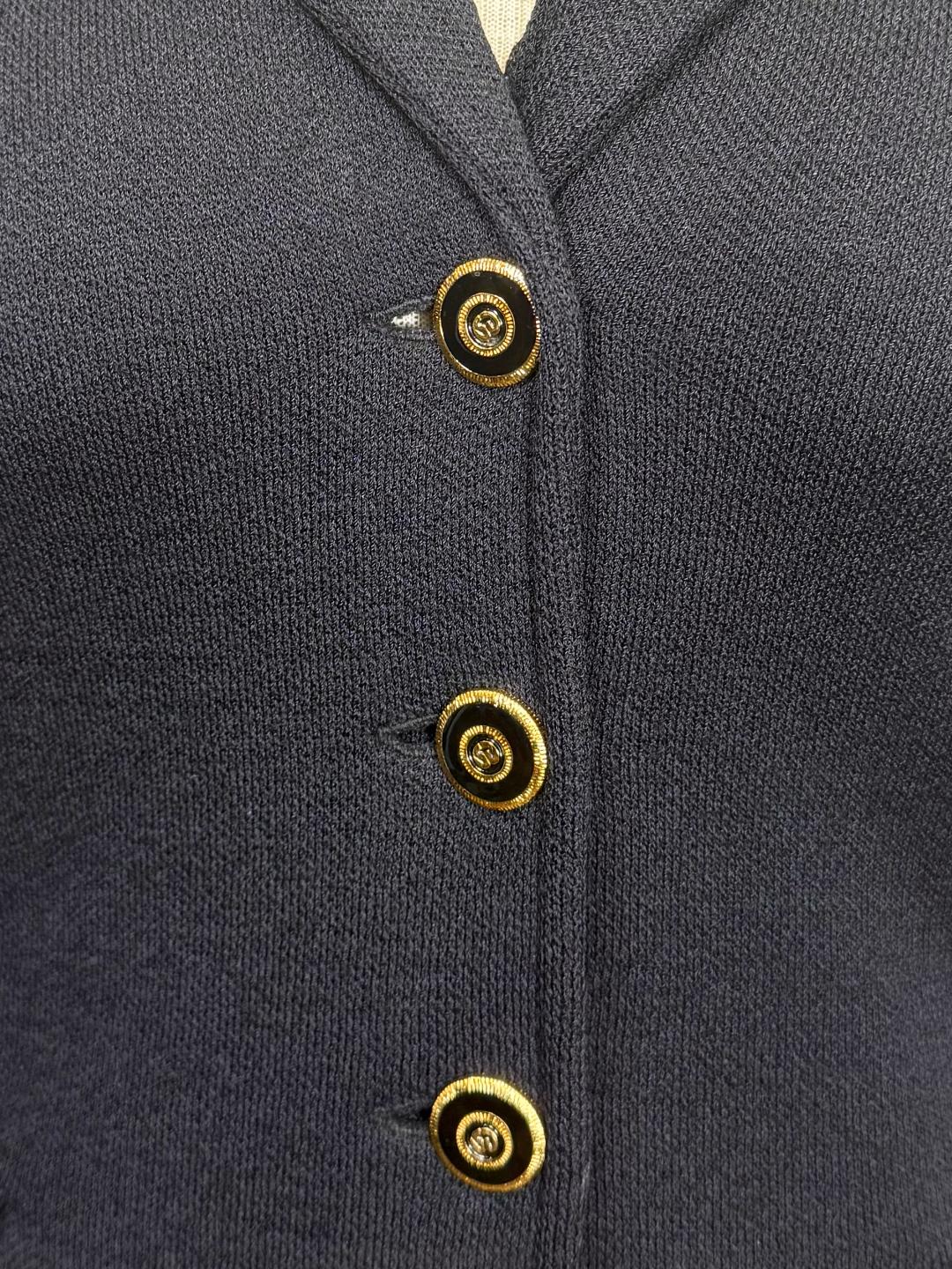St. John Black Santana Knit Jacket – Gold Logo Buttons & Rounded Lapel – Size 6