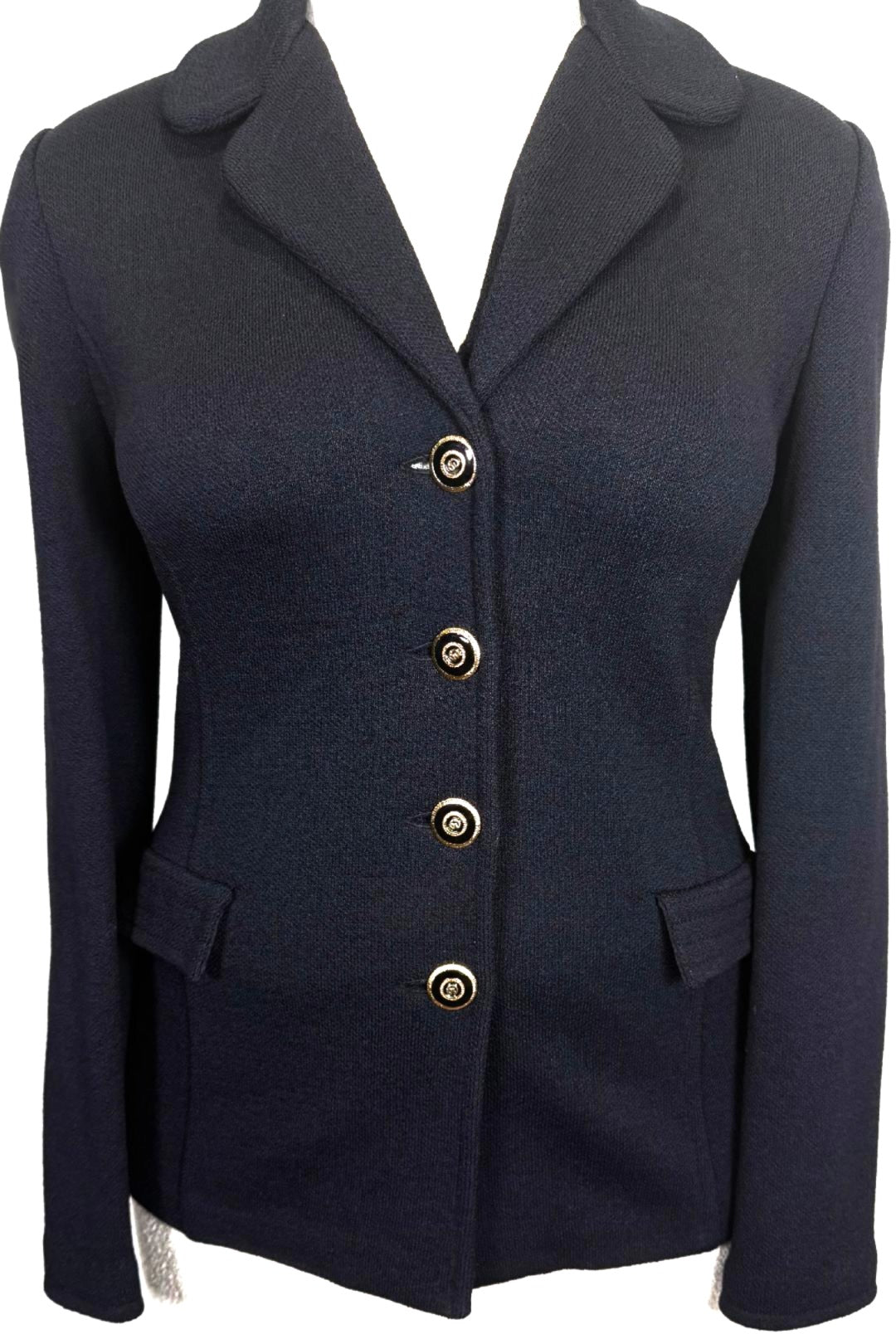 St. John Black Santana Knit Jacket – Gold Logo Buttons & Rounded Lapel – Size 6