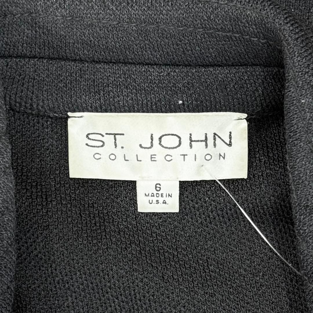 St. John Black Santana Knit Jacket – Gold Logo Buttons & Rounded Lapel – Size 6