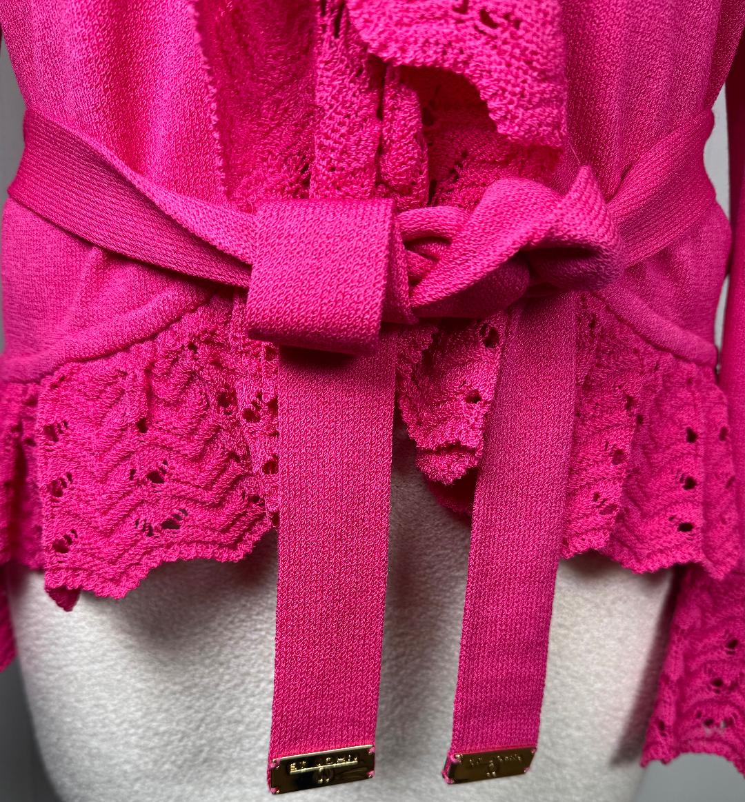 St. John Hot Pink Santana Knit Ruffle Trim Jacket – Open Front & Logo Belt – Size 8