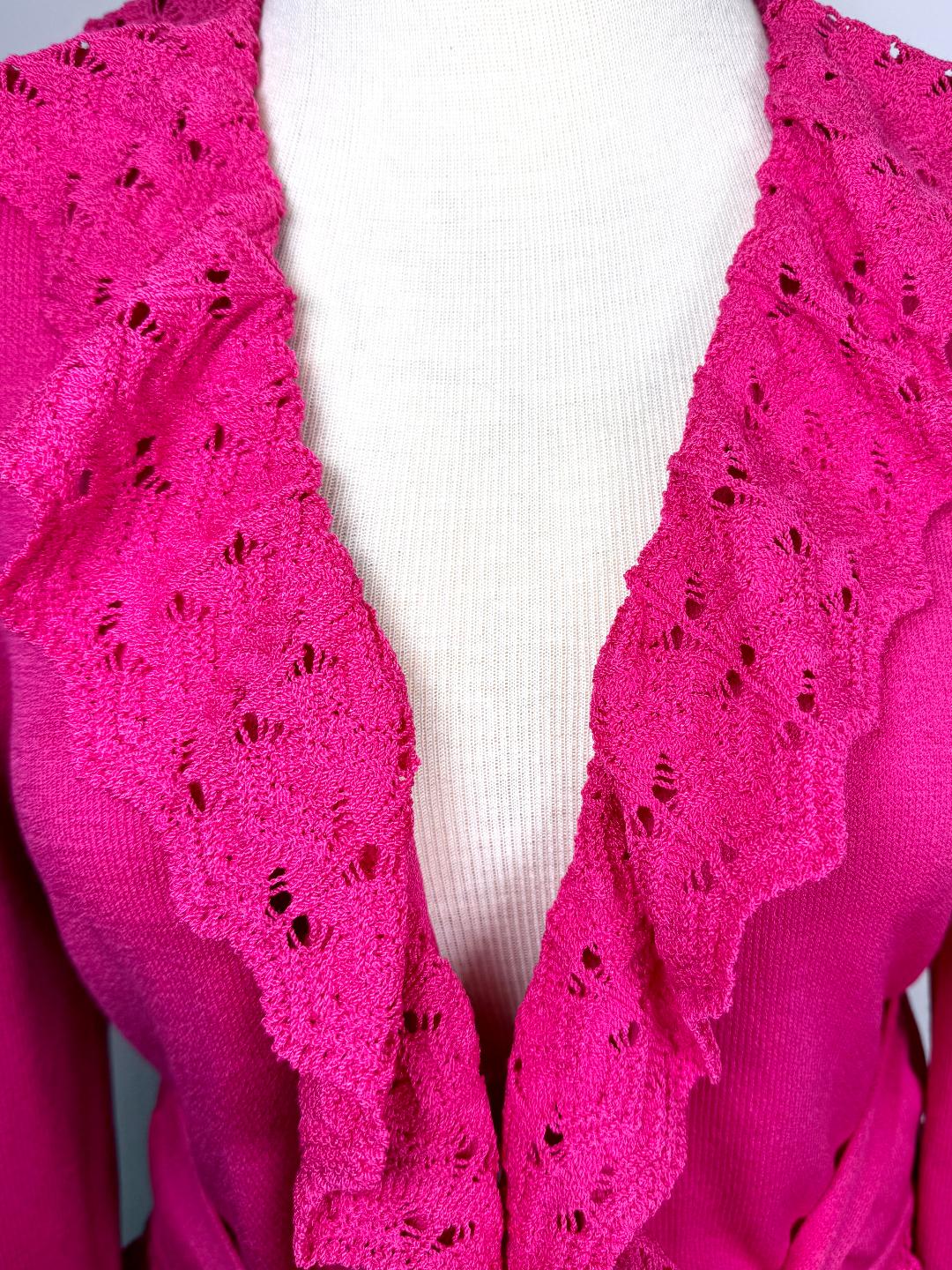 St. John Hot Pink Santana Knit Ruffle Trim Jacket – Open Front & Logo Belt – Size 8