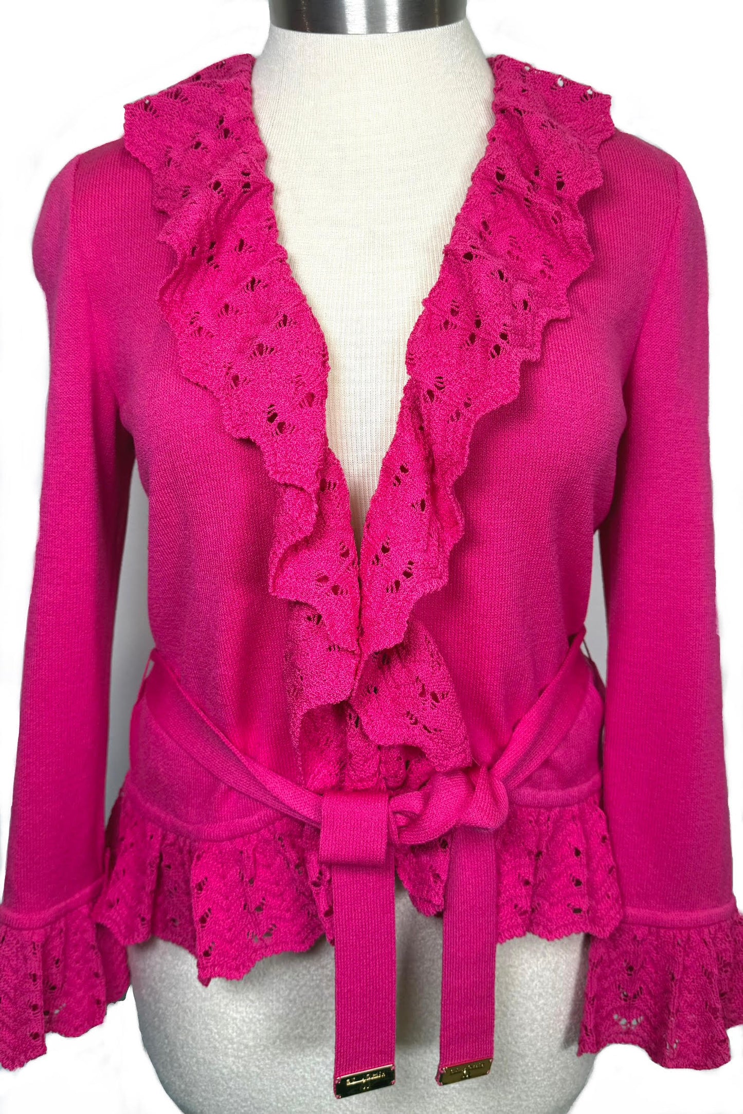St. John Hot Pink Santana Knit Ruffle Trim Jacket – Open Front & Logo Belt – Size 8