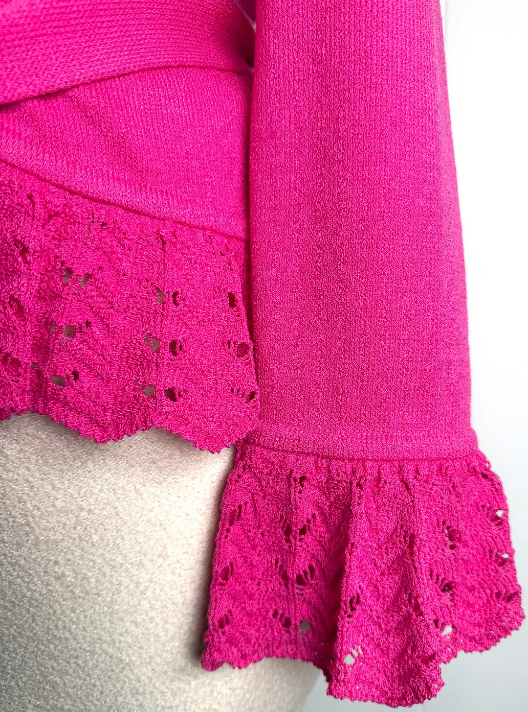 St. John Hot Pink Santana Knit Ruffle Trim Jacket – Open Front & Logo Belt – Size 8