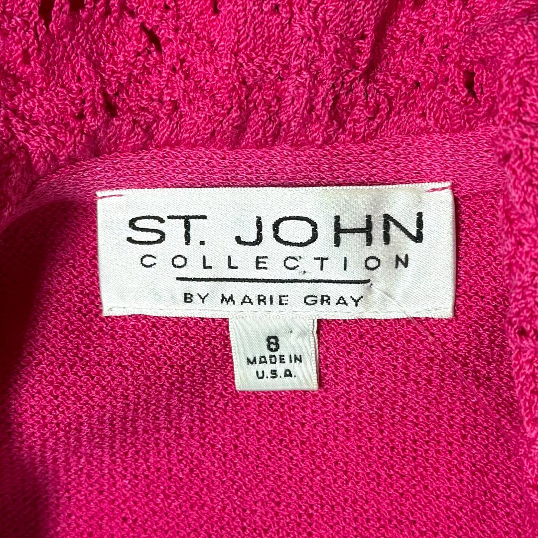 St. John Hot Pink Santana Knit Ruffle Trim Jacket – Open Front & Logo Belt – Size 8