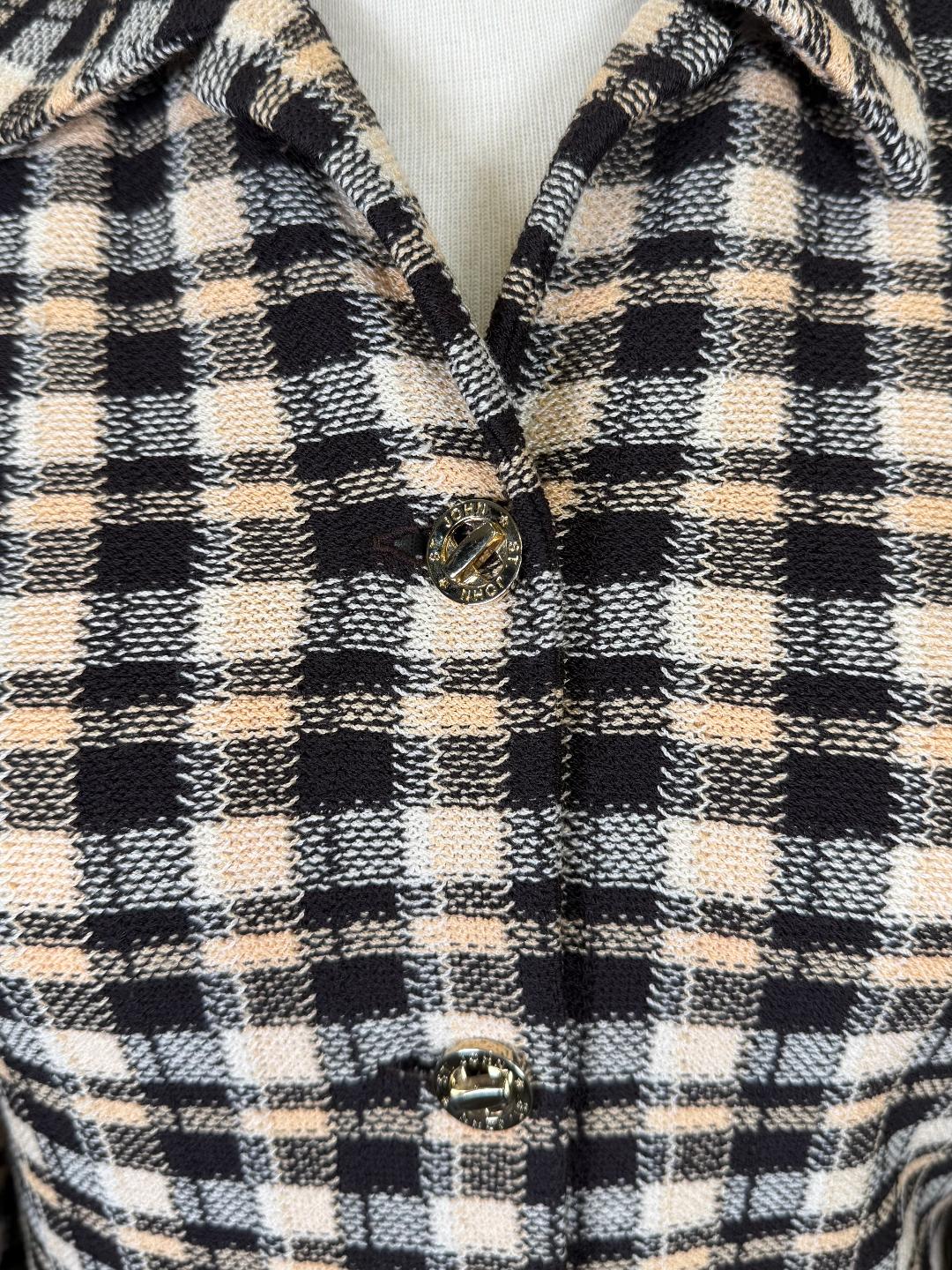 St. John Brown, White & Beige Plaid Santana Knit Jacket – Gold Logo Buttons – Size 6