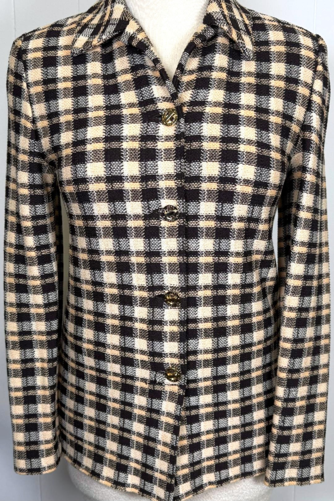 St. John Brown, White & Beige Plaid Santana Knit Jacket – Gold Logo Buttons – Size 6
