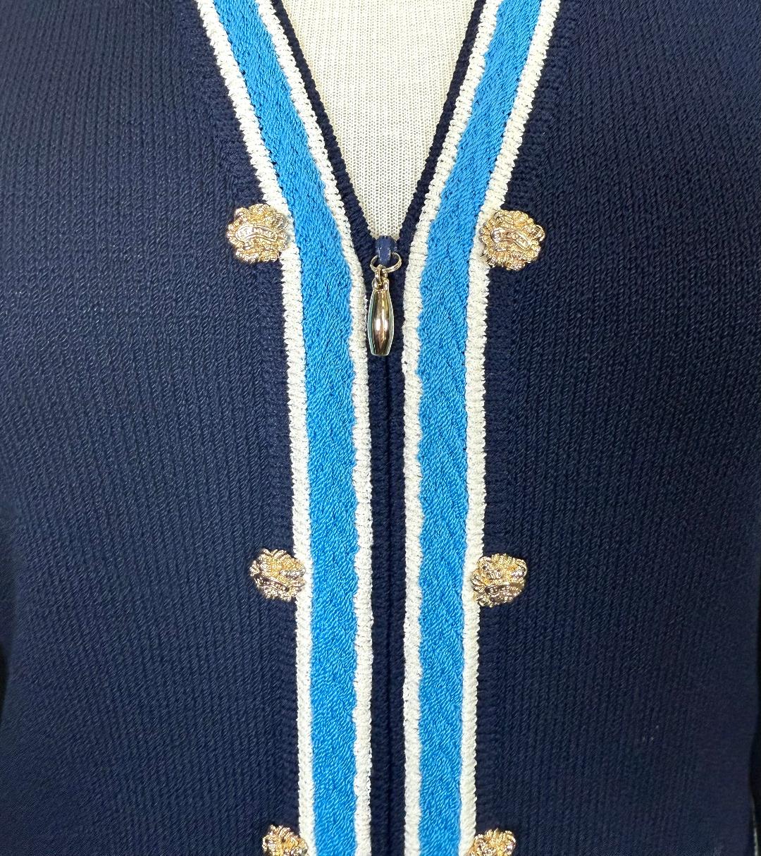 St. John Navy Santana Knit Jacket – Light Blue & White Trim, Gold Button Detail – Size 10