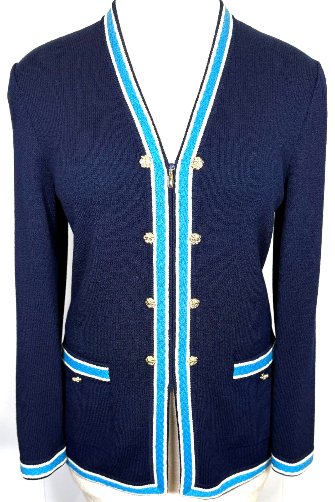 St. John Navy Santana Knit Jacket – Light Blue & White Trim, Gold Button Detail – Size 10