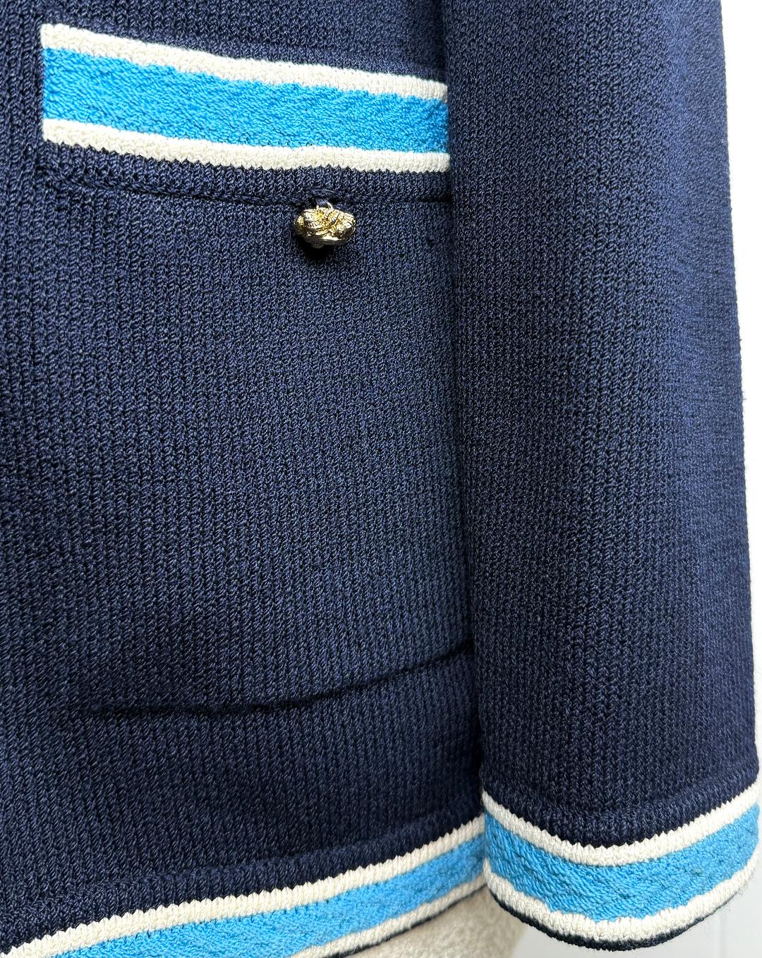 St. John Navy Santana Knit Jacket – Light Blue & White Trim, Gold Button Detail – Size 10