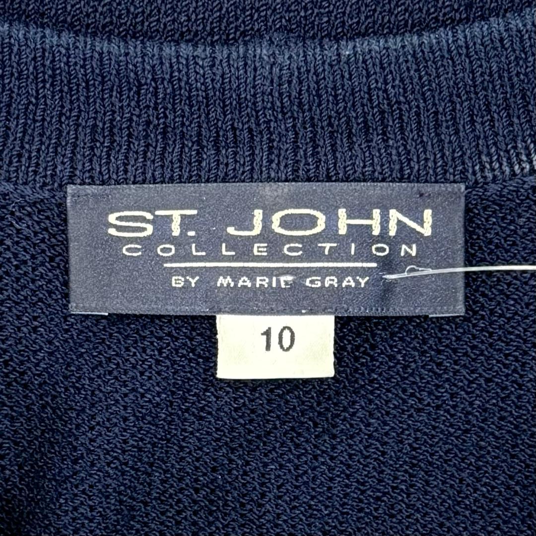 St. John Navy Santana Knit Jacket – Light Blue & White Trim, Gold Button Detail – Size 10