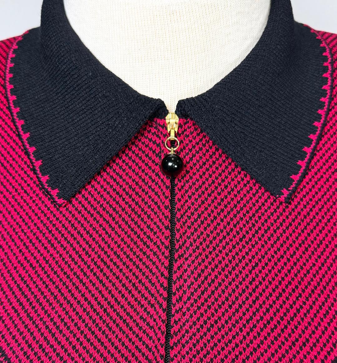 St. John Cranberry Red Santana Knit Jacket – Black Trim & Zip Front – Size 10